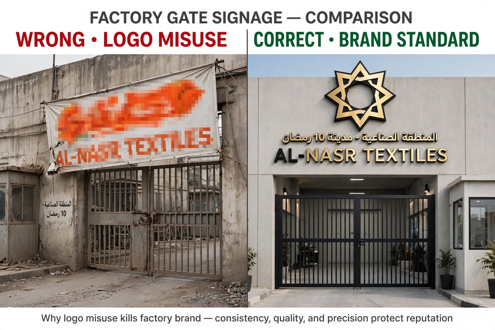 Factory Gate Signage Logo Misuse vs Correct Usage Comparison