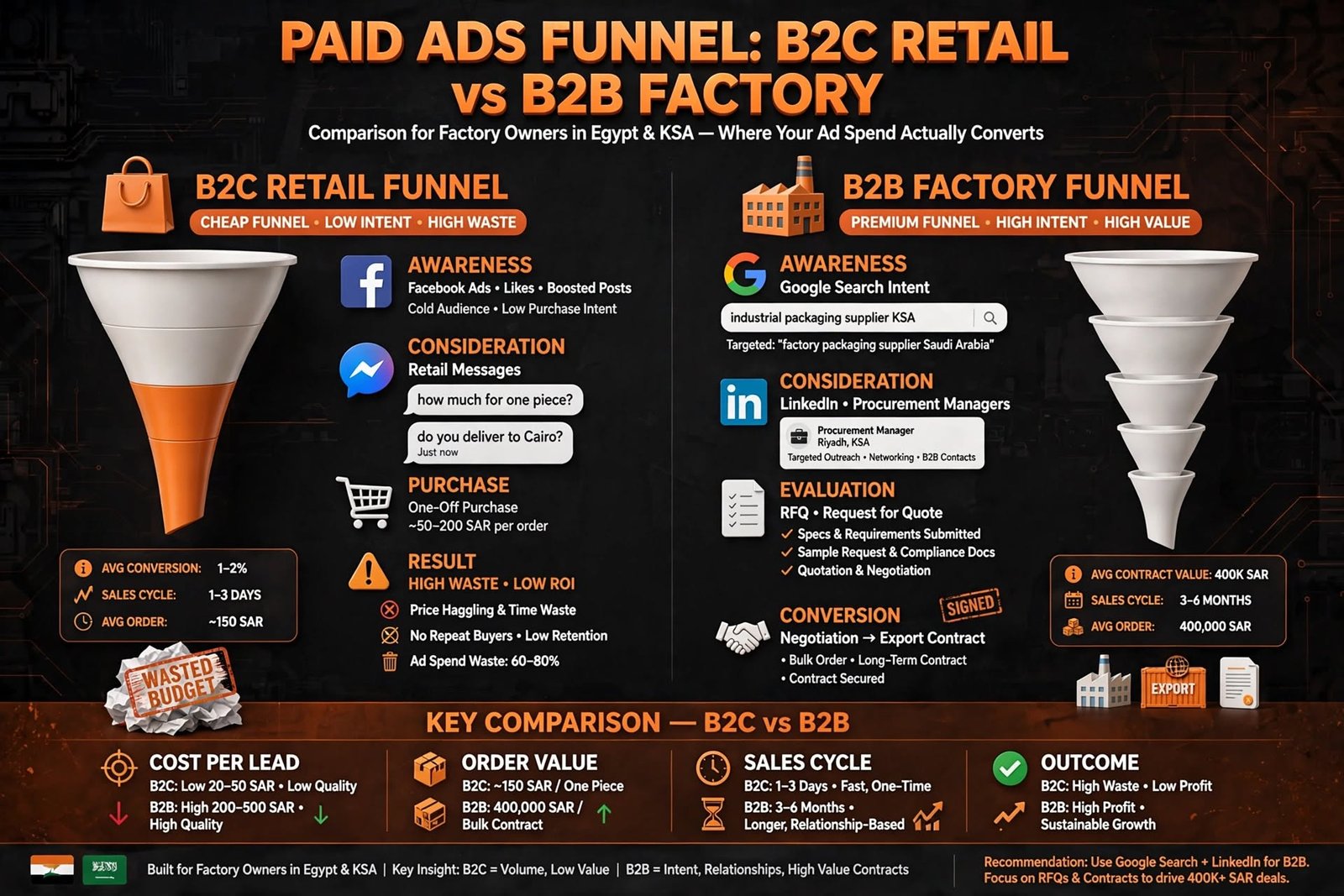 B2B Factory Paid Ads Funnel vs B2C Retail Ads Funnel Comparison